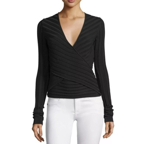 Cinq A Sept Black Titania Ribbed Wrap Front Sweater V Neck Top - Picture 1 of 8